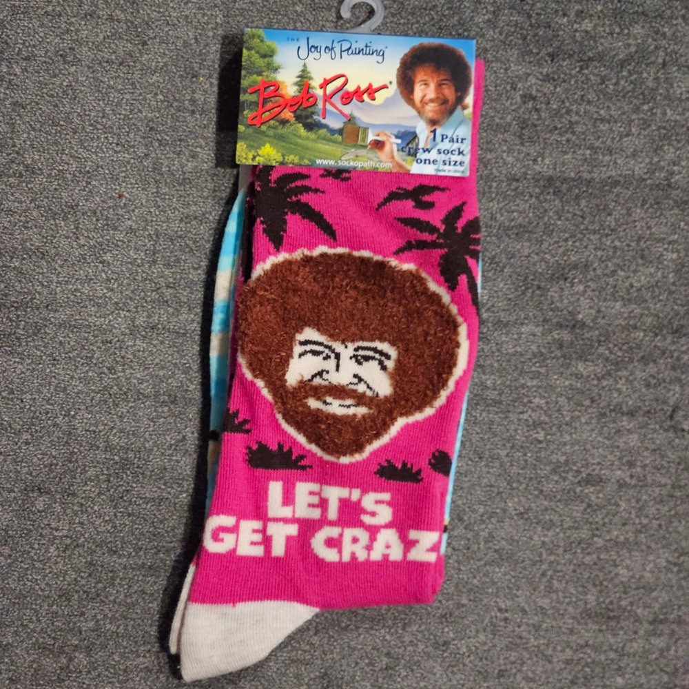 Bob Ross Lets Get Crazy Pink Blue Landscape Novelty Crew Socks One Size NWT